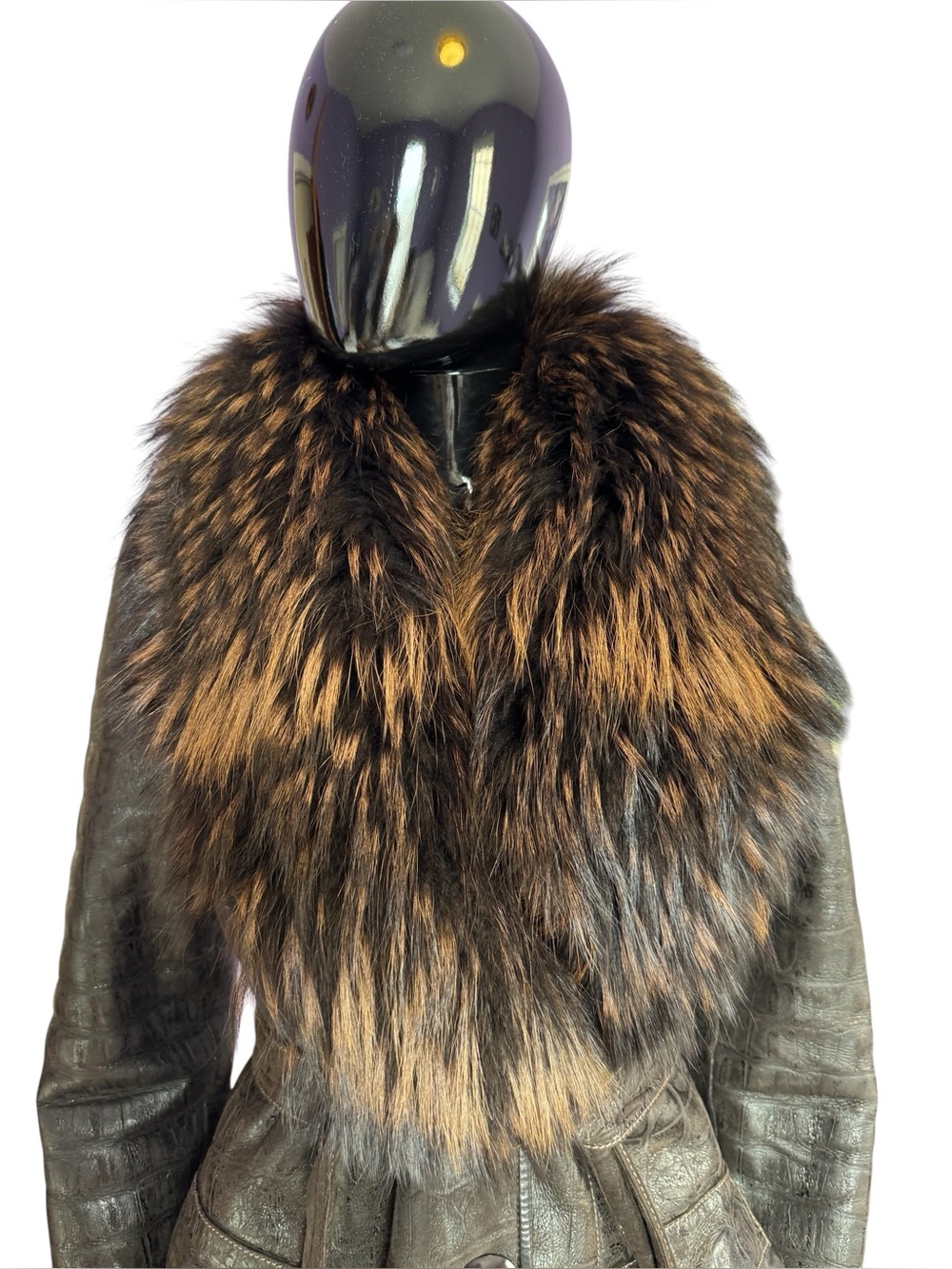 Viyanto Dark Brown Croc-Embossed Leather shearling Brown Fur coat - Picture 5 of 16